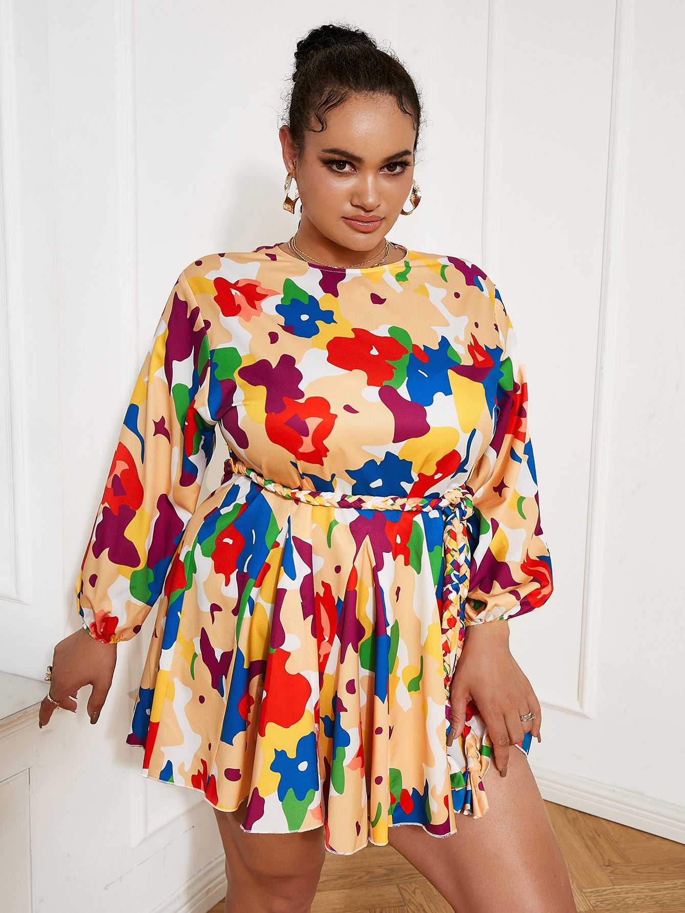 Plus Size Printed Mini Dress with Braided Belt